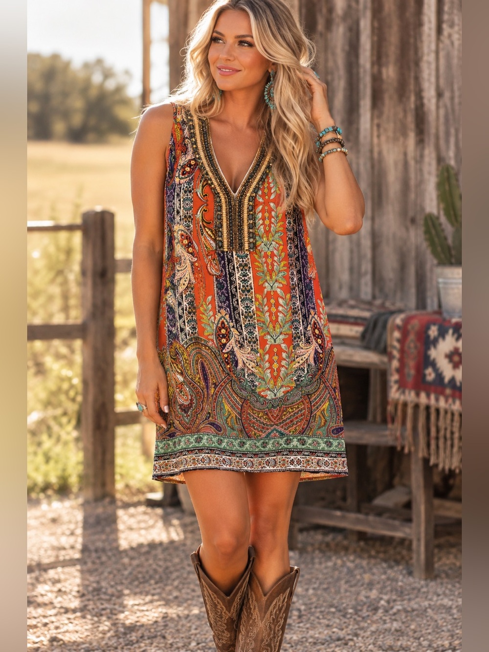Boutique Miami Boho Paisley Beaded V-Neck Shift Dress Medium Festival Western M